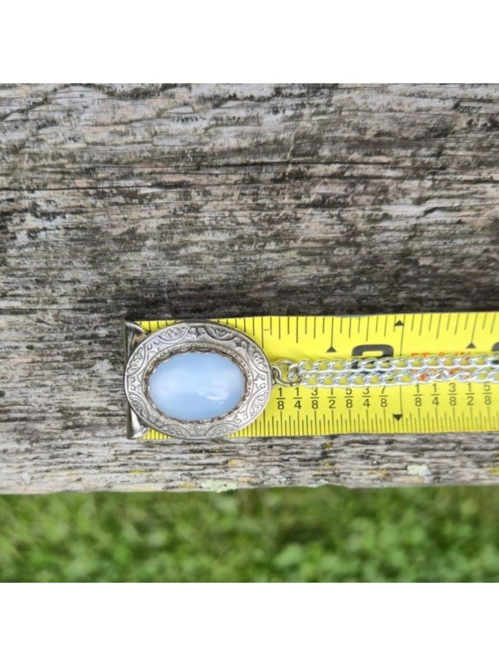 Vintage Necklace Oval Blue Chalcedony Pendant Ornate Etched Design Silver tone - Picture 11 of 11